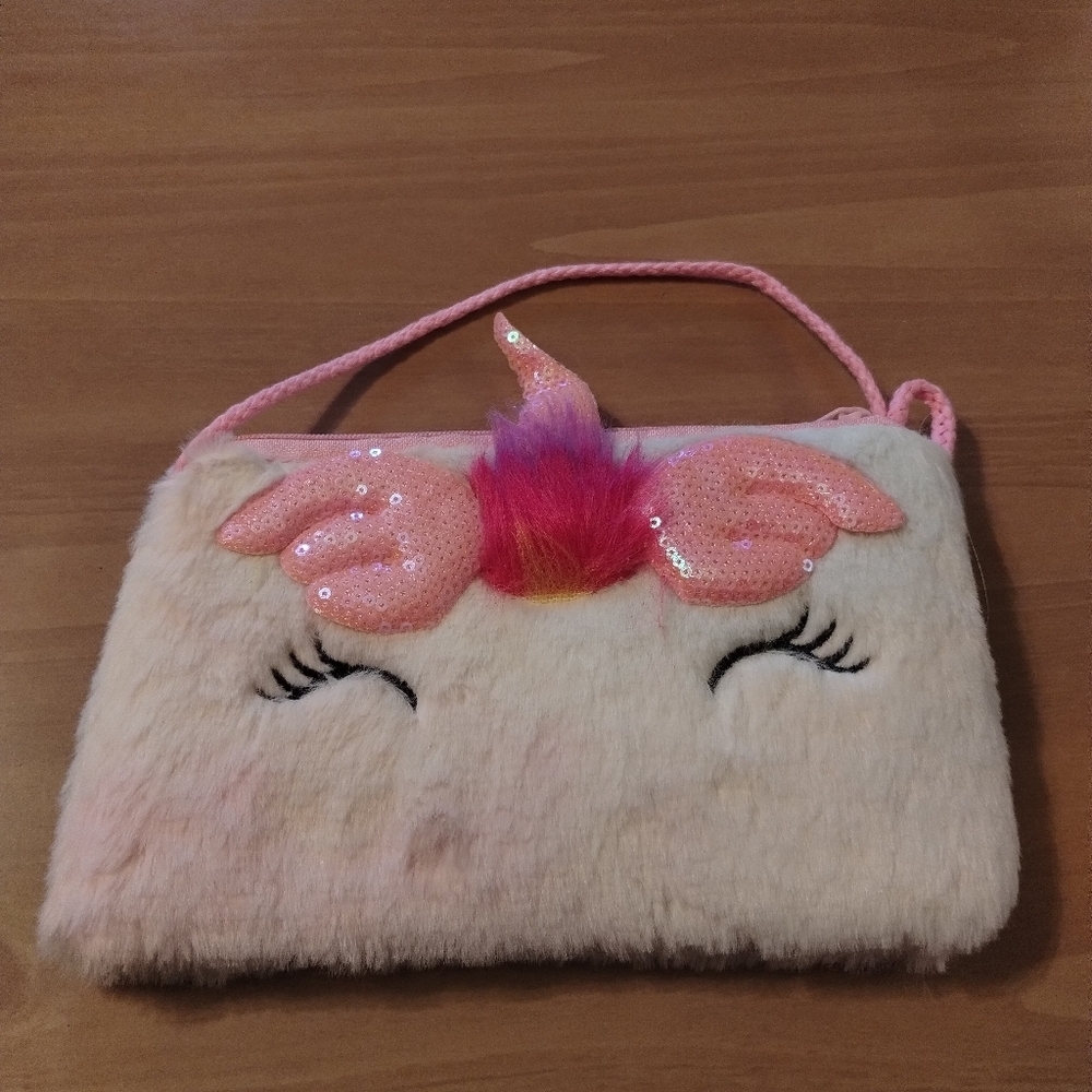 Fluffy Unicorn Crossbody Purse – Pink Sequin Horn – Kids/Teen Bag – Furry
